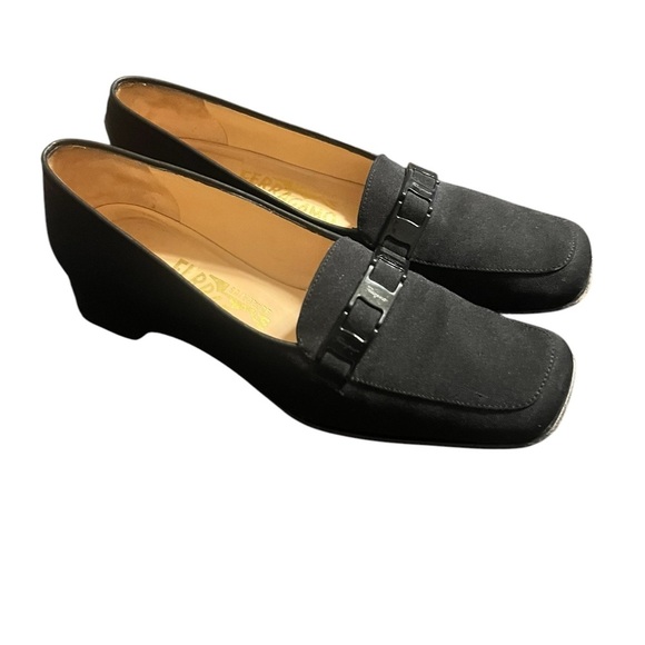 Salvatore Ferragamo Logo Black Fabric Slip on Block Heel Pumps Women’s Size 7 - Picture 1 of 11